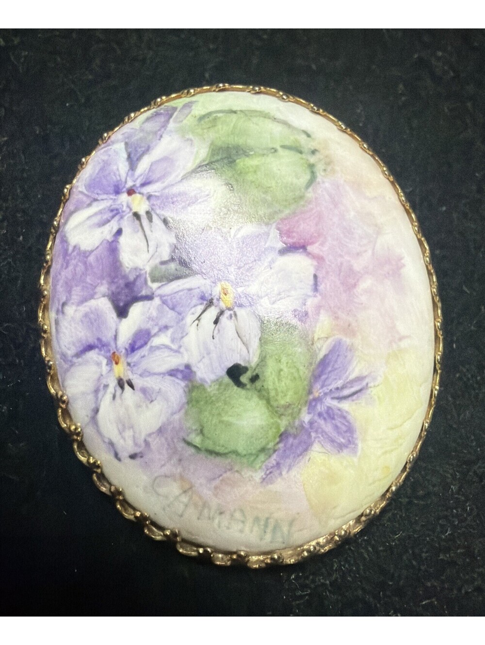 Vintage Oval Porcelain Brooch Handpainted Violets Green Leaves Goldtone Signed